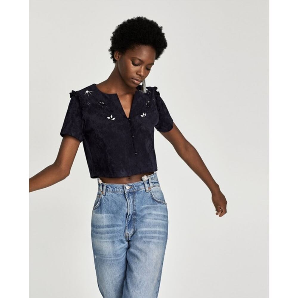 Zara Women's Small V-Neck Navy Blue Cropped Blouse Beaded Ruffle Sleeve Top